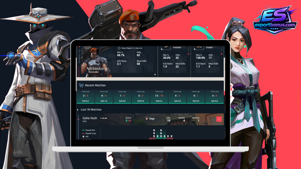 Valorant tracker dashboard featuring Jett and Phoenix with real-time performance stats.